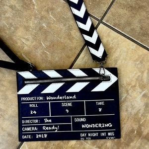 Clap board purse. Black and white. Zipper. Strap. 10 1/2” x 7”